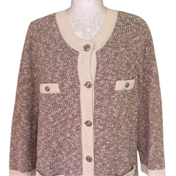 J. Jill Wearever Contrast Trimmed Knit Cardigan Jacket in Camel/Porcelain - M
